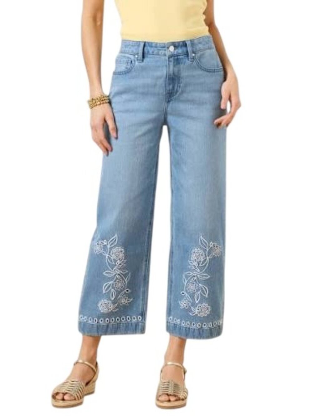Talbots High Waist Wide Crop Embroidered Jeans in Lacey Wash